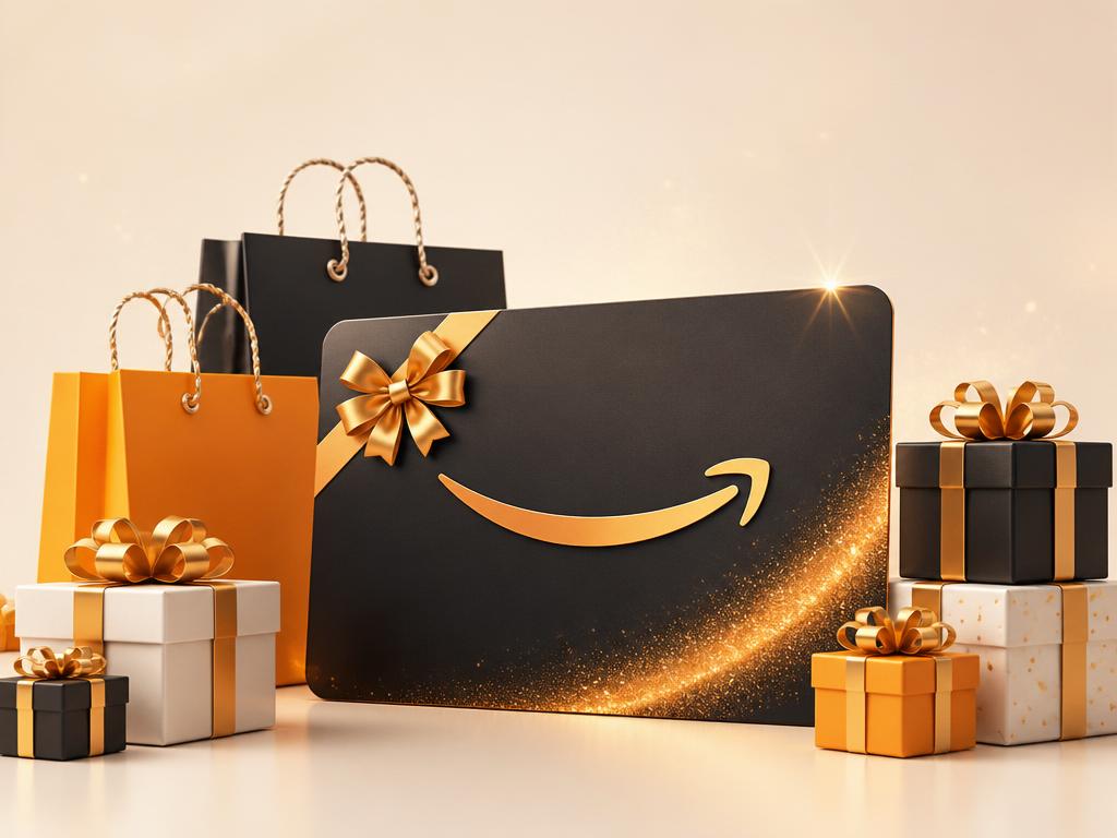 Amazon shopping reward card with gift boxes and shopping bags